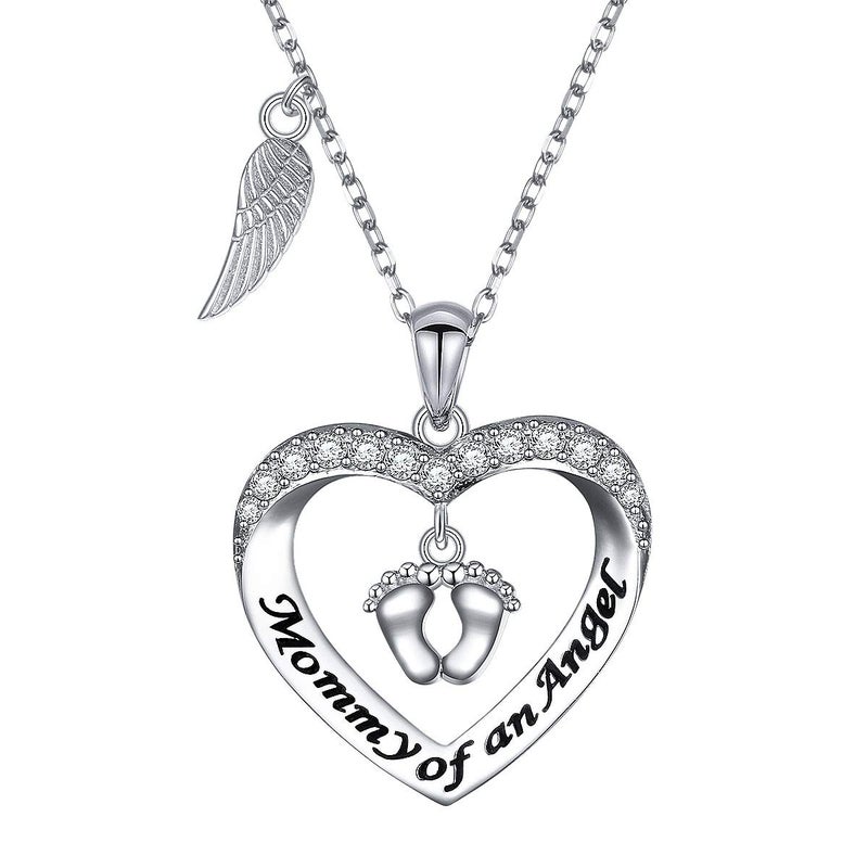 DAOCHONG Mommy of an Angel Necklace Angel Necklace Foot Print Sterling Silver Memorial Jewelry Sympathy Gift for Women Mother Mom Silvery - Image 1